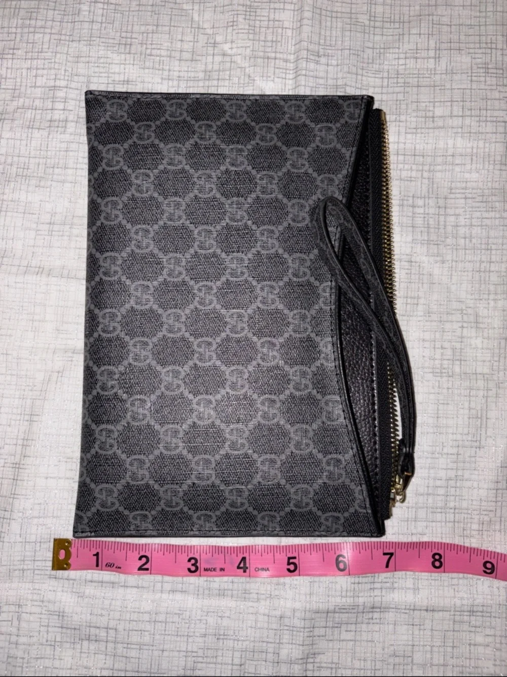 Monogram Zip Wristlet Clutch in Charcoal Gray